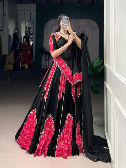 Black & Red Bandhej Chaniya Choli for Navratri with Mirror Gamthi & Gotta Patti