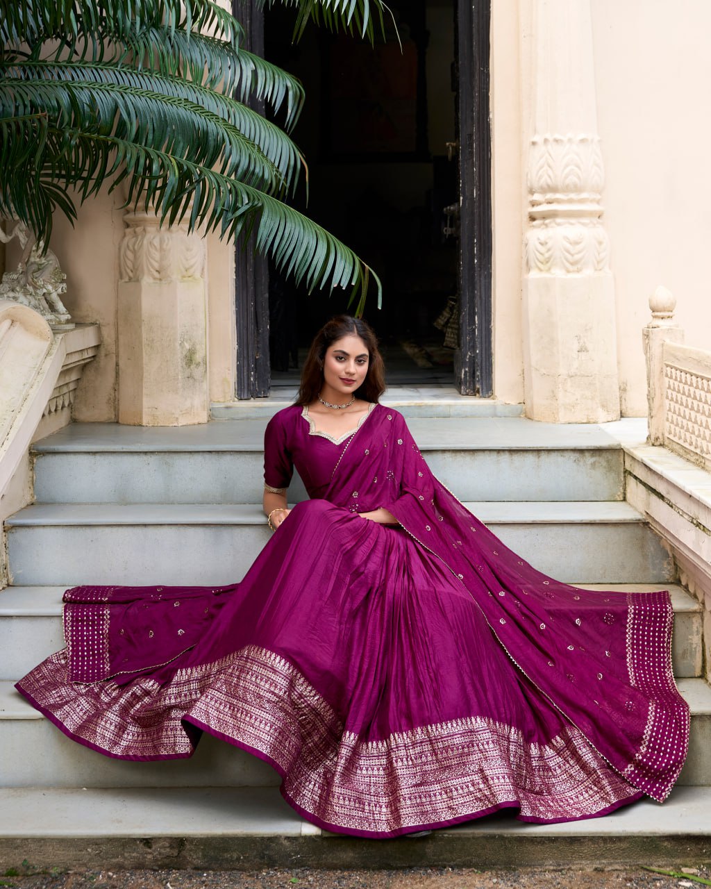 Pure Chanderi Dark Pink Chaniya Choli for Navratri with Zari Weaving Border & Sequins Dupatta