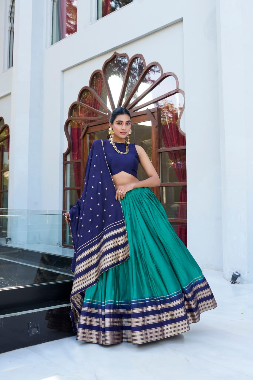Designer Pure Chanderi Teal Green Bridal Lehenga Choli with Zari Weaving Work & Dupatta