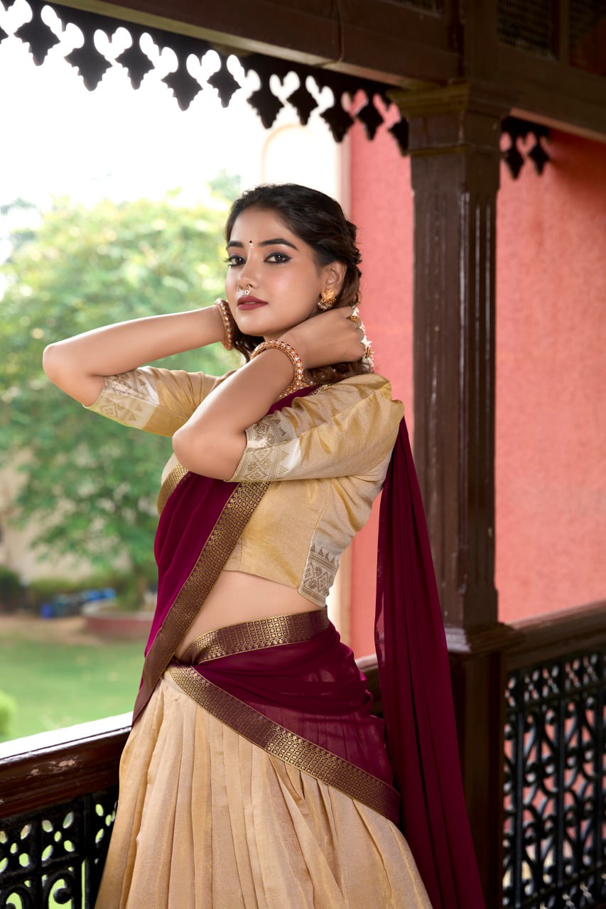 Cream Heritage Kanchipuram Silk Lehenga Choli with Zari Weaving & Dupatta