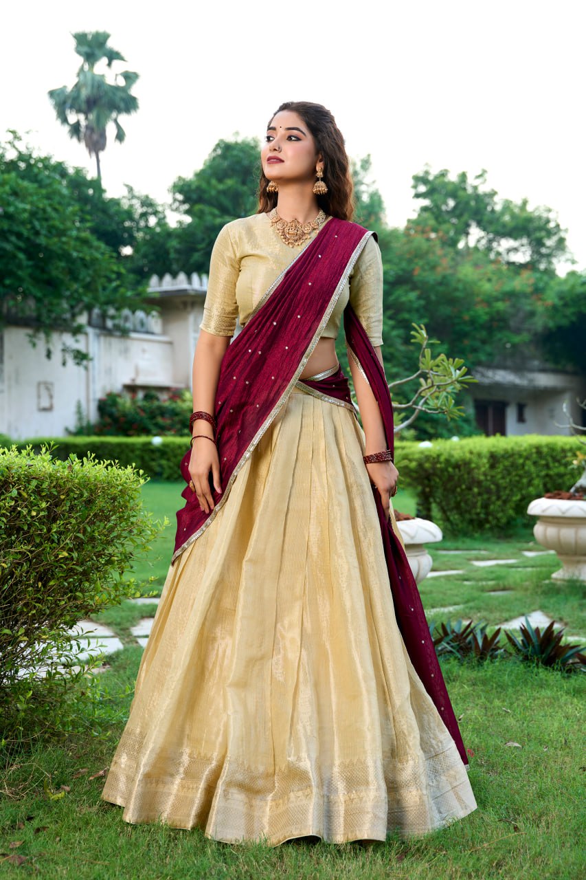 Cream Kanchipuram Lehenga Choli with Zari Weaving Work & Vichitra Silk Embroidered Dupatta