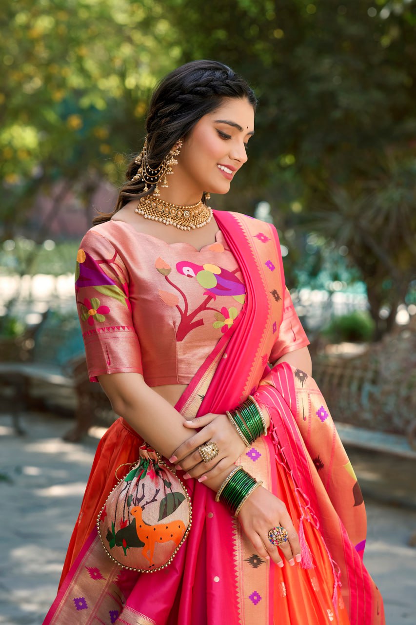 Orange Heritage Paithani Lehenga Choli with Zari Weaving Work