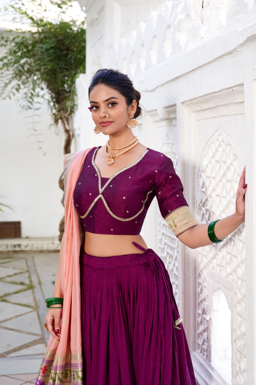 Wine Designer Paithani Wedding Lehenga Choli in Vichitra Silk with Jacquard Silk Dupatta