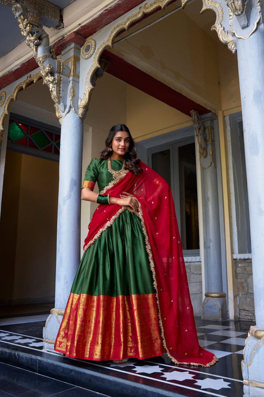 Designer Dark Green Lehenga Choli with Zari Weaving & Dupatta