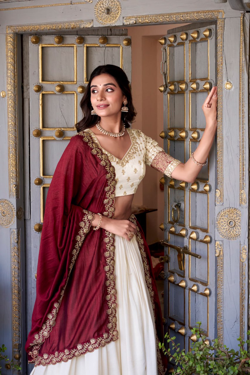White Party Wear Lehenga Choli with Zari Weaving & Dupatta