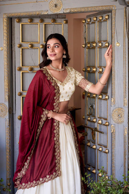 White Party Wear Lehenga Choli with Zari Weaving & Dupatta