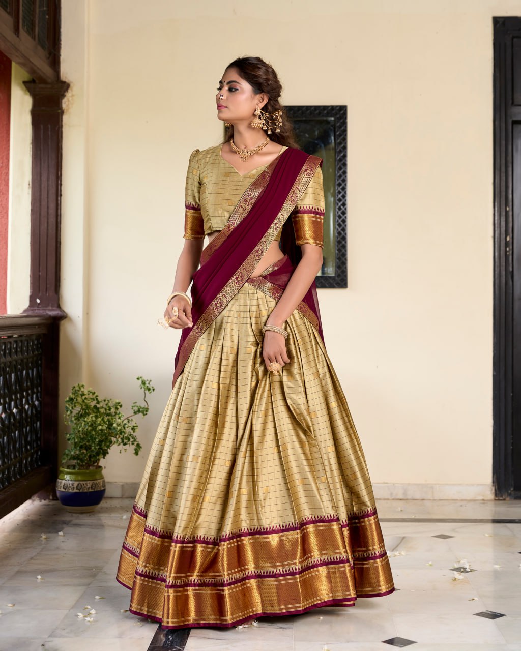Brown Cotton Silk Paithani Bridesmaid Lehenga Choli with Weaving Work & Dupatta