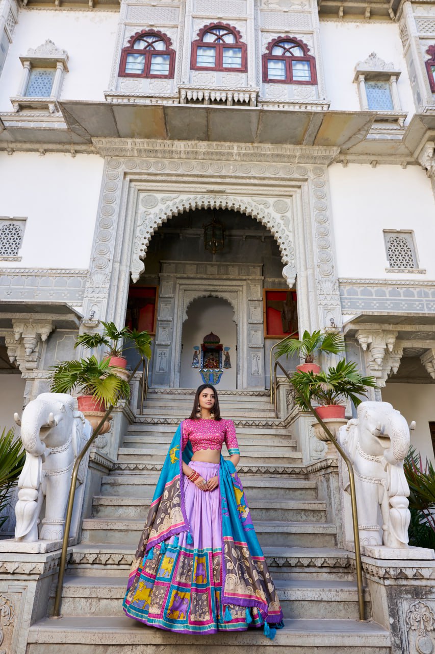 Turquoise Blue & Purple Kalamkari Lehenga Choli with Foil Work & Gota Patti Dupatta