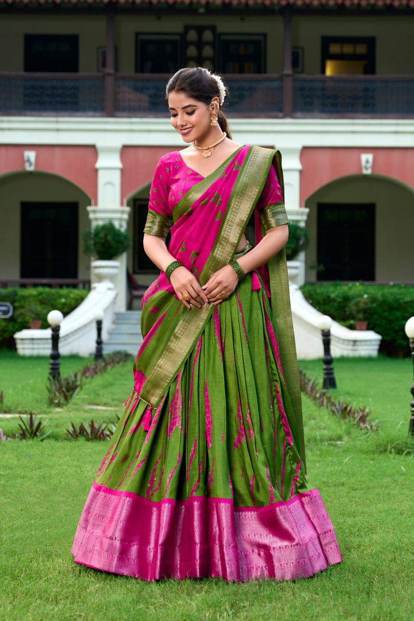 Pink Shibori Print Lehenga Choli with Zari Weaving Border & Tassel Dupatta