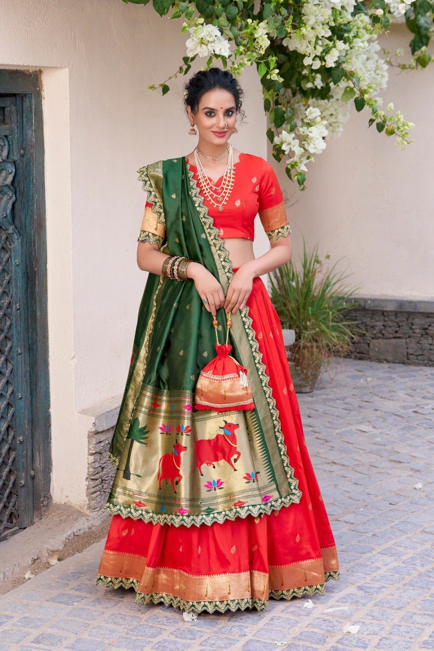 Red Jacquard Silk Paithani Work Lehenga Choli with Dupatta