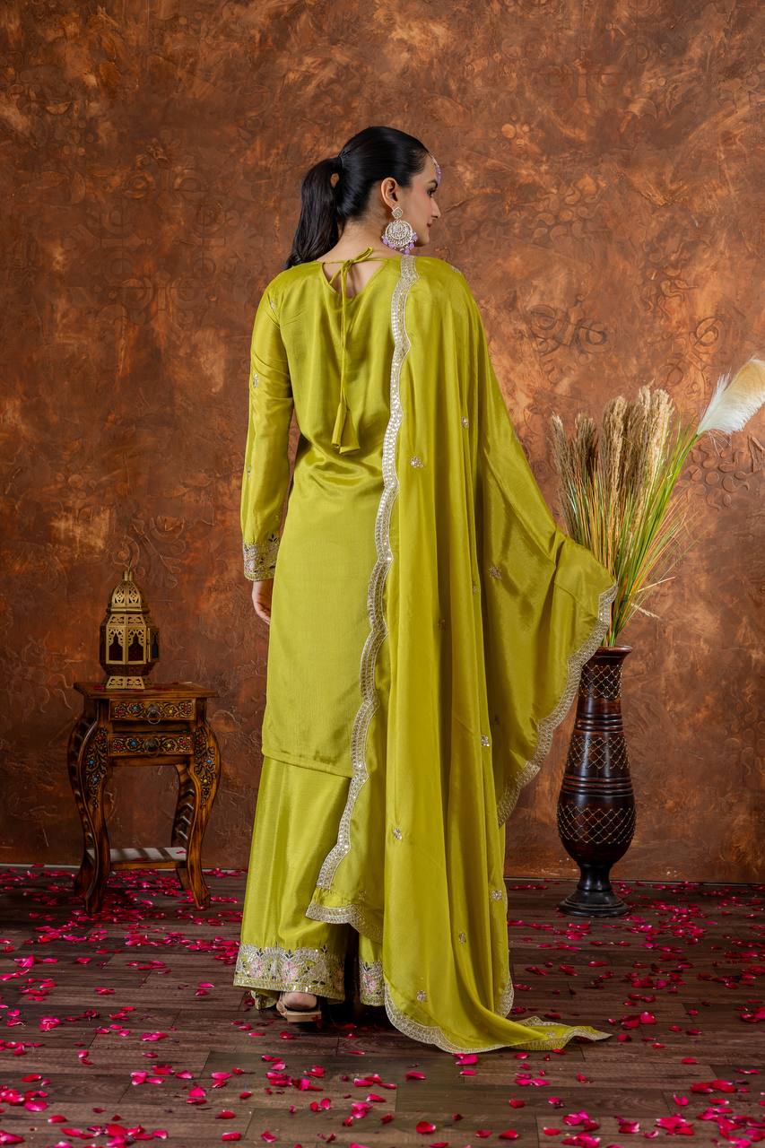 Zari Mirror Embroidered Straight Kurta Set with Sharara and Scalloped Dupatta