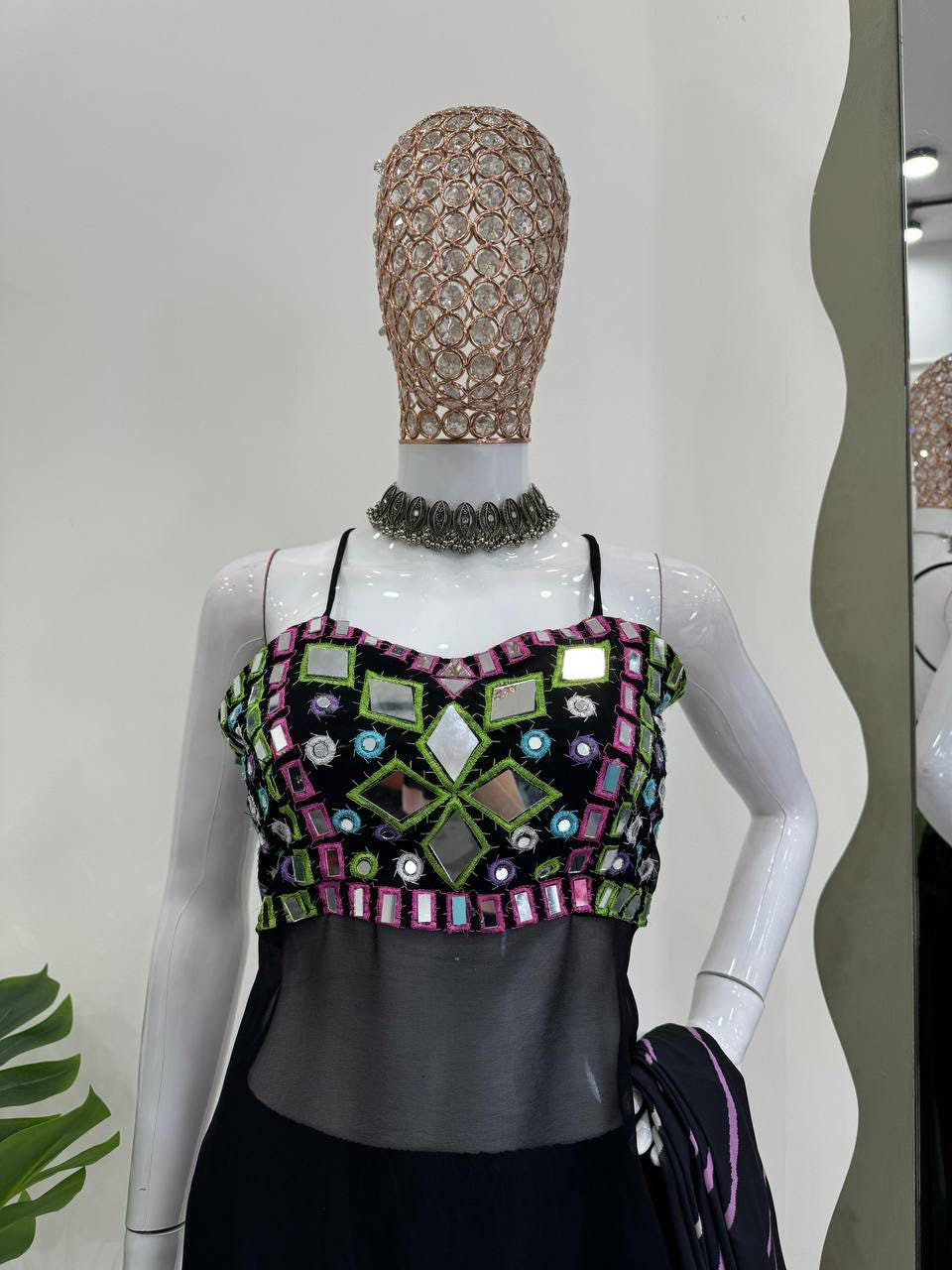 Faux Georgette Mirror Work Top Set with Printed Dupatta