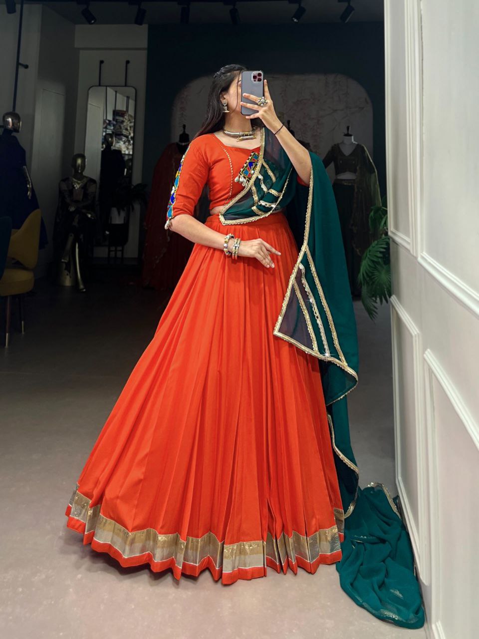 Navratri Collection 2025, Mirror Work Lehenga, Gamthi Work Blouse, Rayon Lehenga Choli, Kodi Lace Lehenga, Festival Lehenga 2025, Traditional Garba Outfit, 8 Meter Flair Lehenga, Cowrie Lace Choli, Ethnic Wear for Women, Dandiya Night Outfit, Indian Festive Wear, Embossed Rayon Lehenga