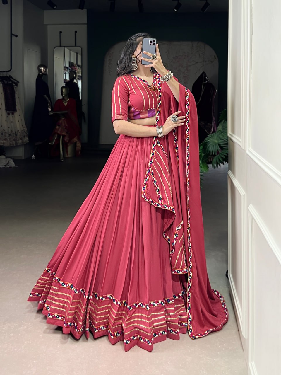 Light Pink Rayon Original Mirror Work Gamthi Lehenga Choli