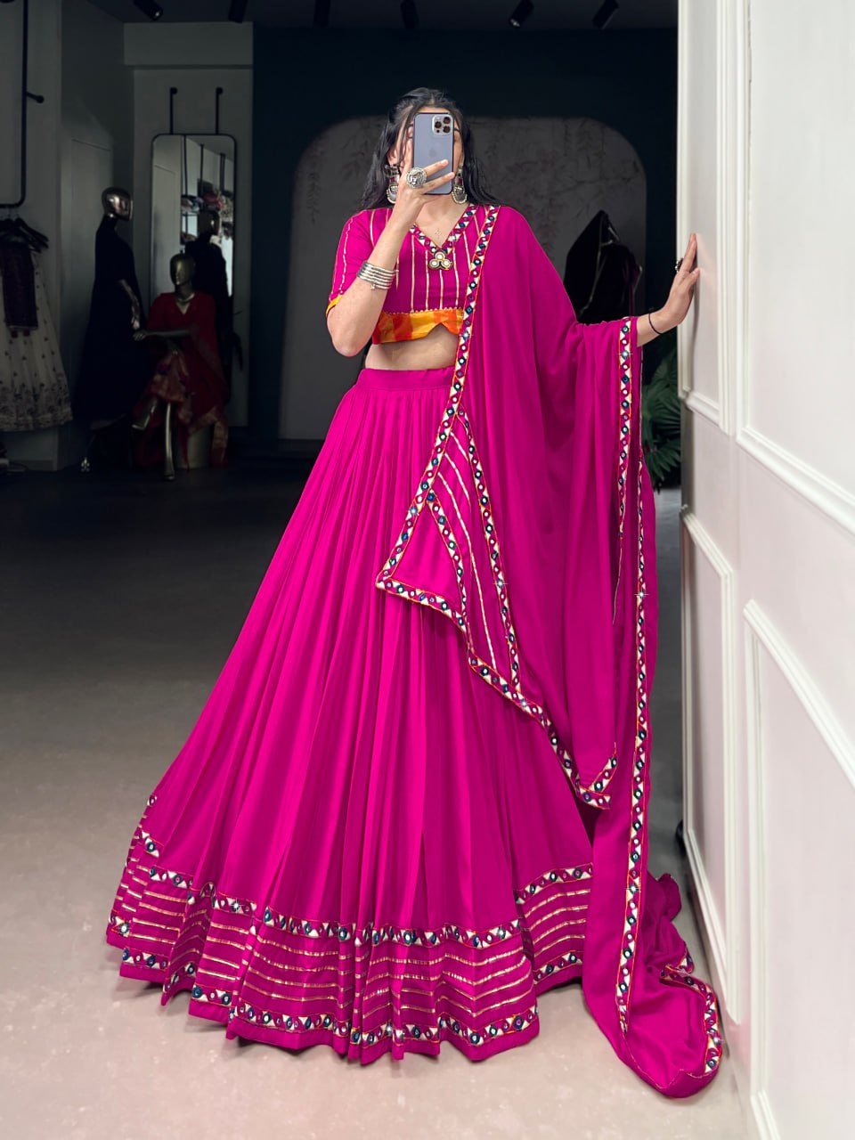 Pink Rayon Original Mirror Work Gamthi Lehenga Choli
