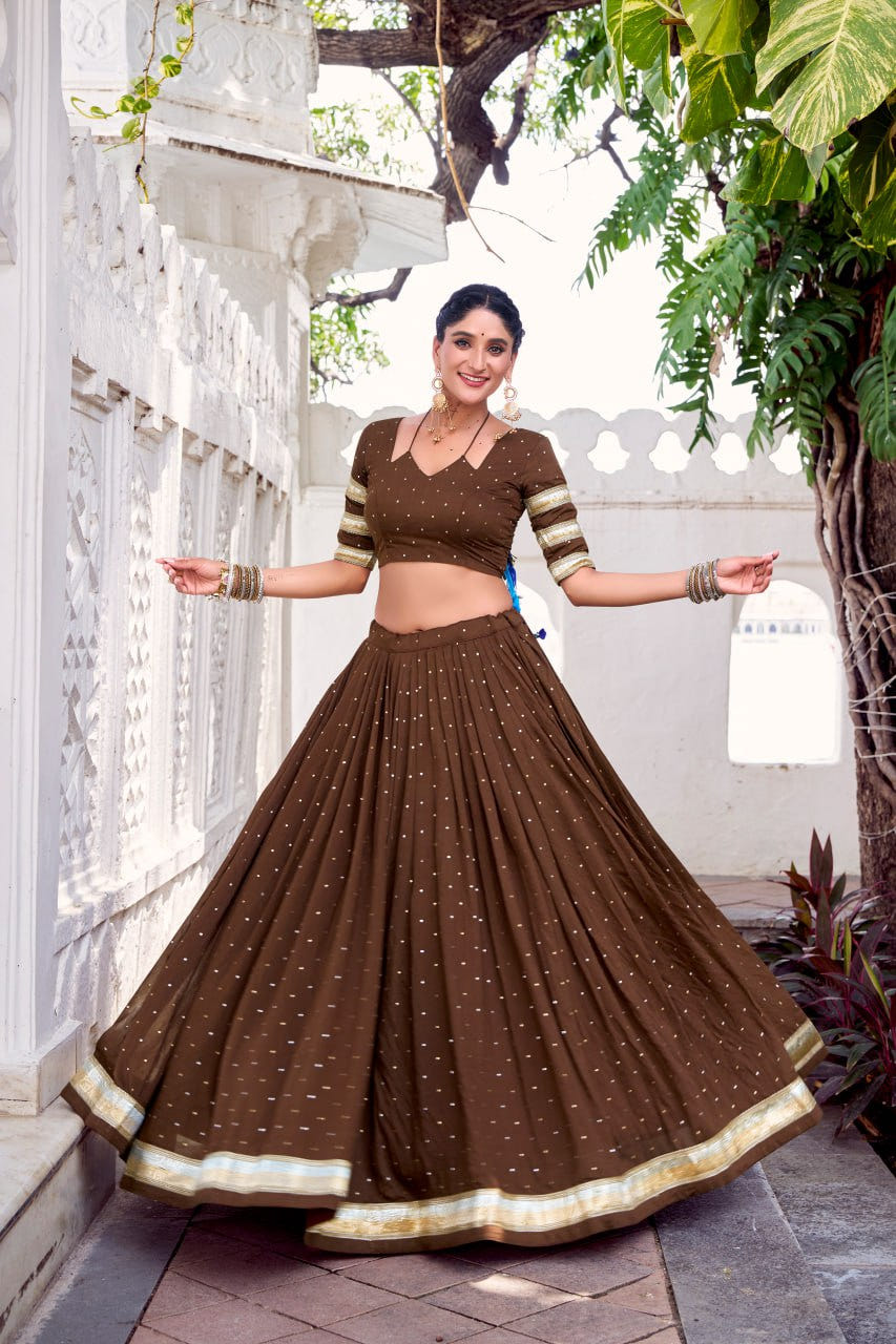 Brown Pure Chanderi Silk Lehenga Choli With Zari Weaving & Lace Touch Up