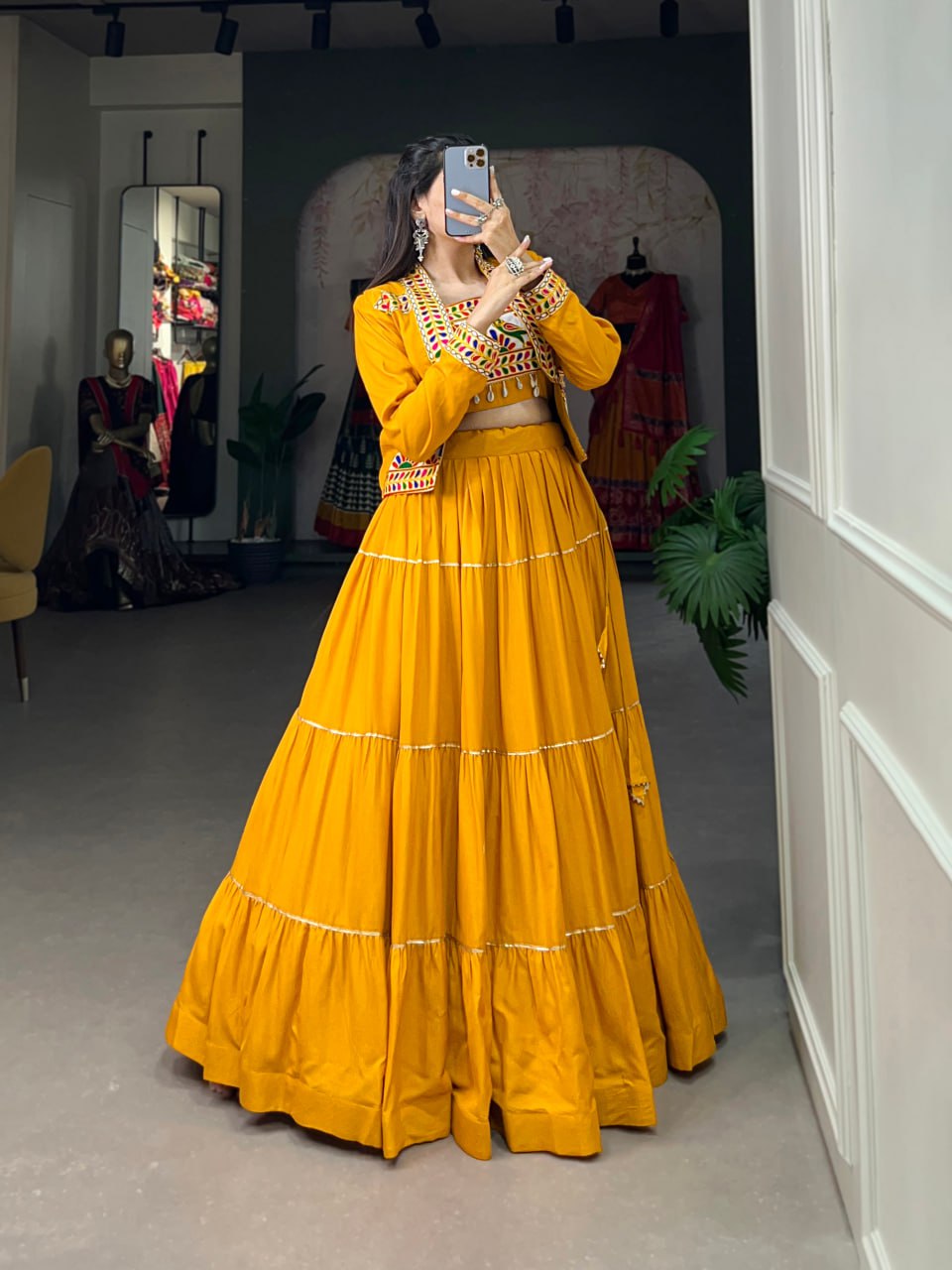 Navratri Lehenga Choli with Koti, Pure Rayon Lehenga Set, Gamthi Work Festival Wear Outfit, Gota Patti Lehenga for Navratri, Designer Navratri Chaniya Choli 2025, Stitched Lehenga Choli with Jacket, Traditional Indian Lehenga Outfit, Cowrie Lace Work Lehenga Choli, Women’s Navratri Garba Dress, Rayon Lehenga Choli with Gamthi Embroidery