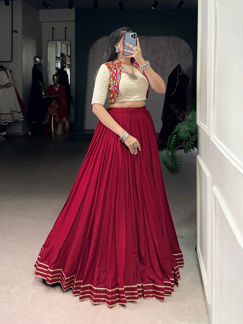 Designer Rayon Lehenga Choli with Khadi Cotton Mirror Gamthi Blouse