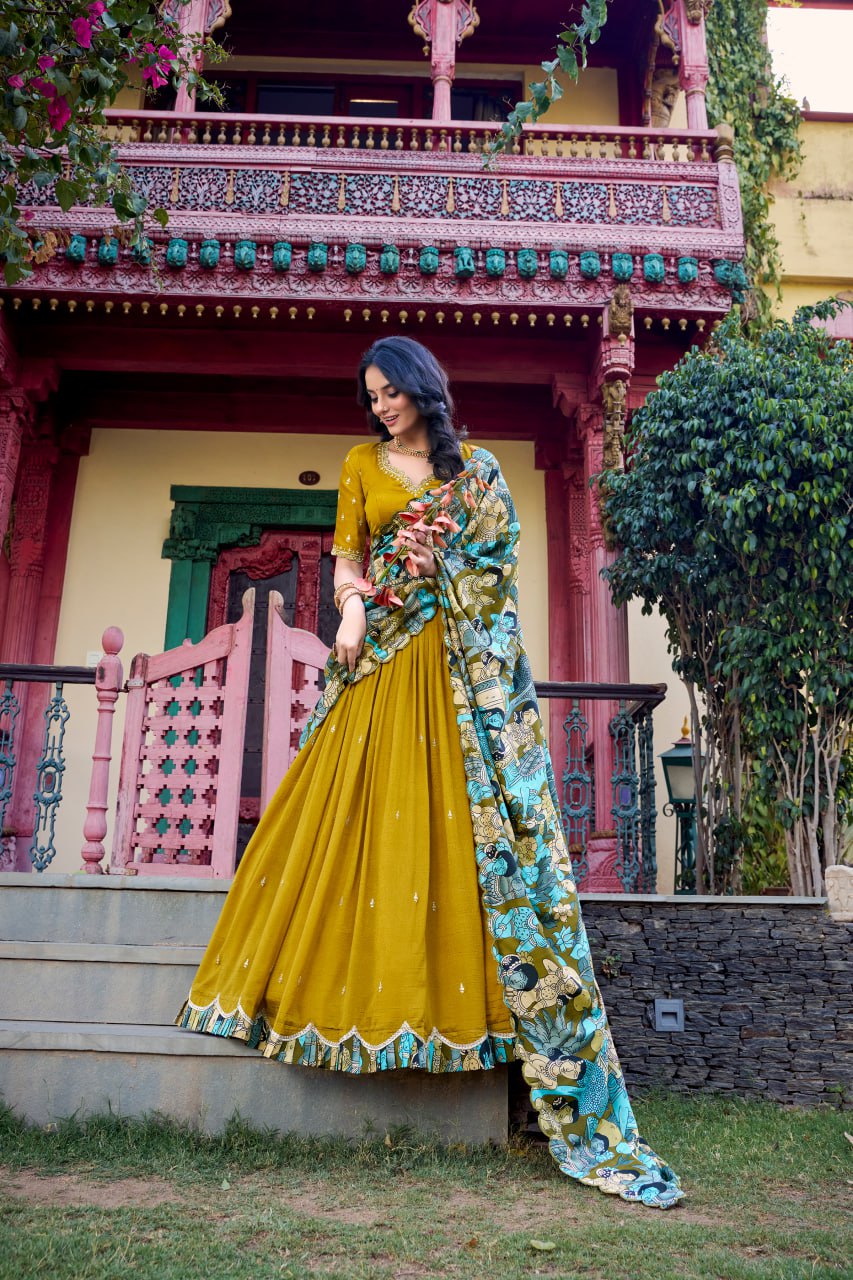 Mustard Designer Wedding Lehenga Choli with Foil Print & Dupatta