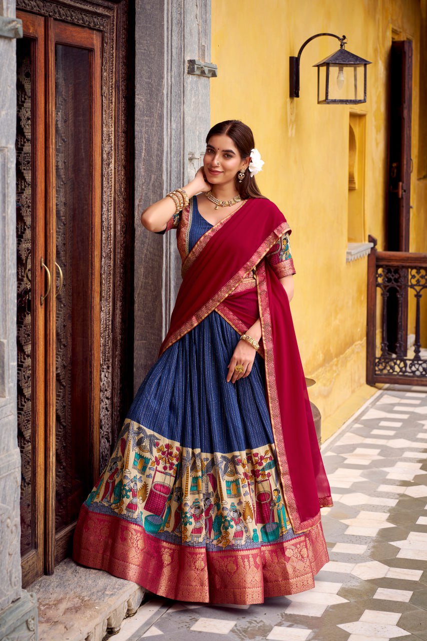 Navy Blue Poly Kalamkari Printed Chanderi Lehenga Choli