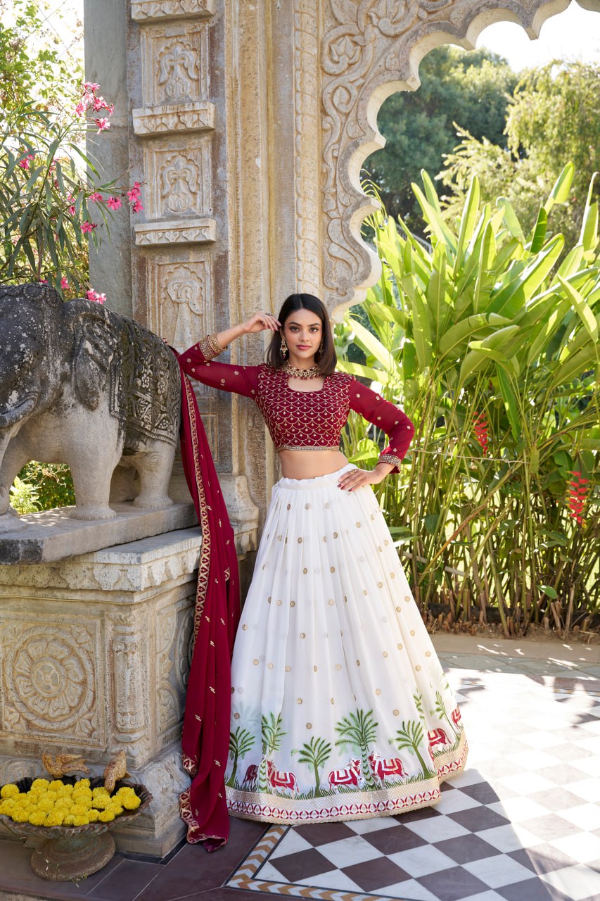 White Maroon Georgette Bridesmaid Lehenga Choli with Sequins