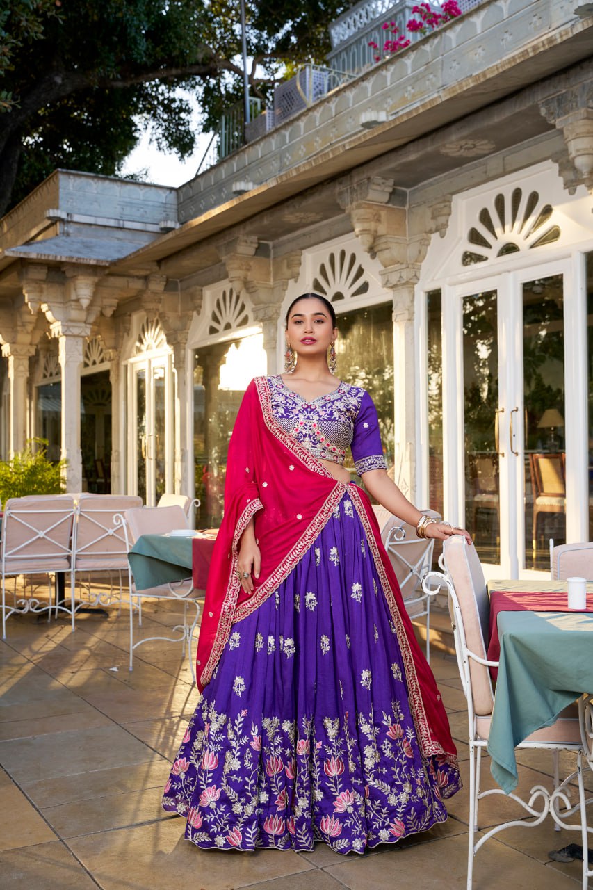 Purple Vichitra Silk Bridesmaid Lehenga Choli with Sequins & Thread Embroidery