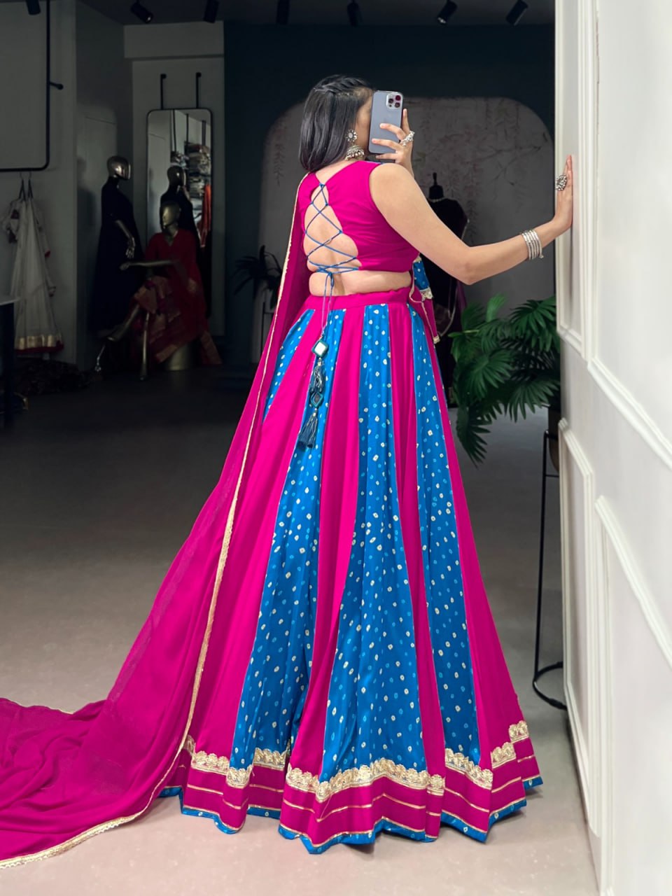 Magenta & Blue Bandhani Chaniya Choli for Navratri in Tasar Silk with Lace Detail