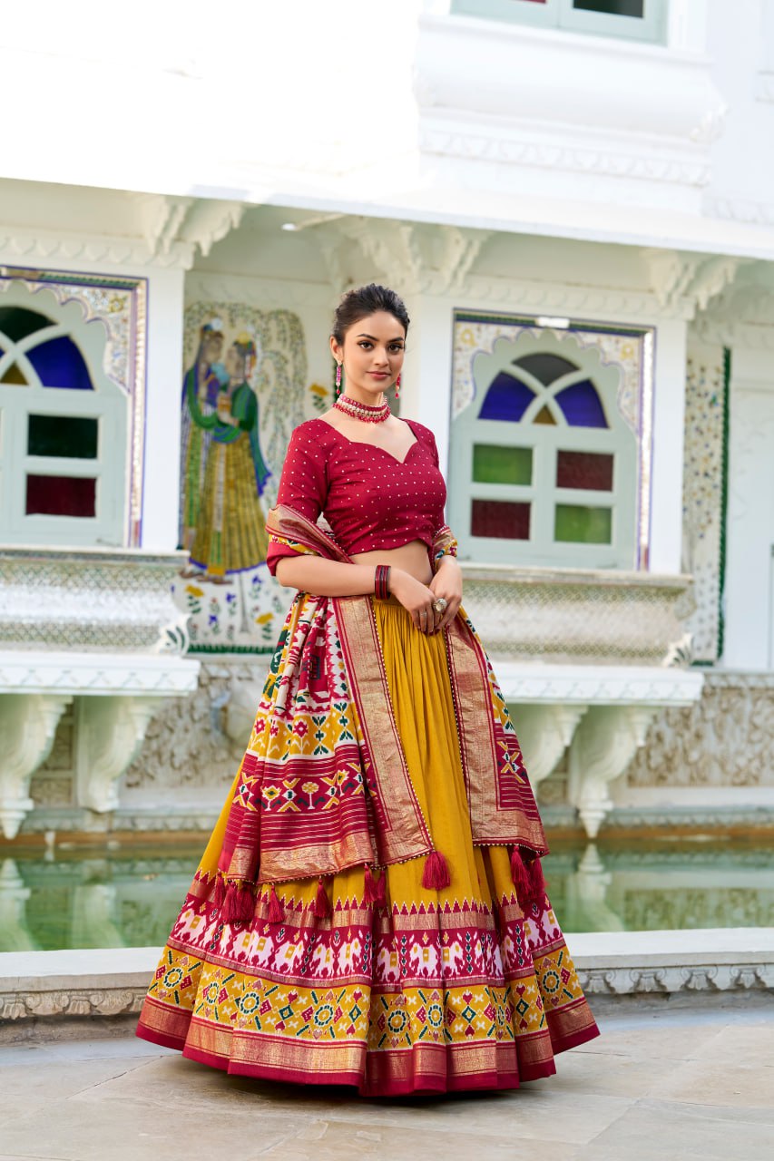 Tussar Silk Traditional Mustard Patola Print Chaniya Choli for Navratri with Foil Work & Gotta Patti Dupatta