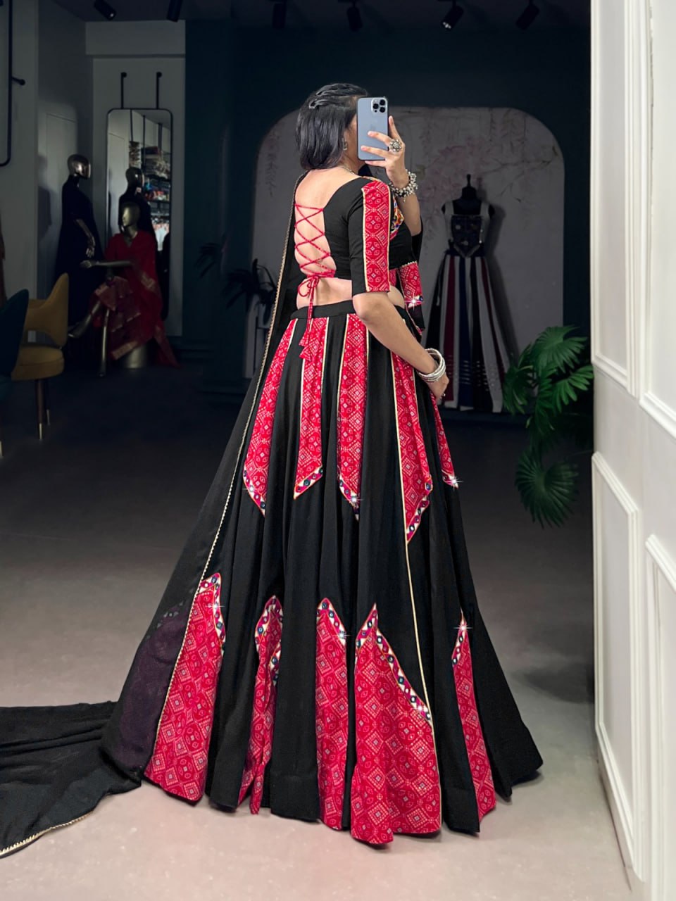 Black & Red Bandhej Chaniya Choli for Navratri with Mirror Gamthi & Gotta Patti
