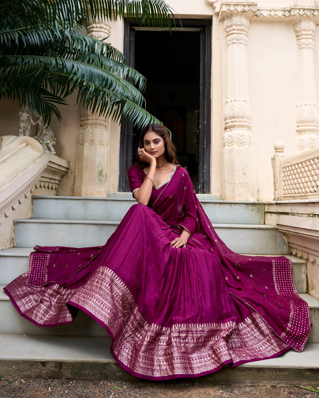 Pure Chanderi Dark Pink Chaniya Choli for Navratri with Zari Weaving Border & Sequins Dupatta