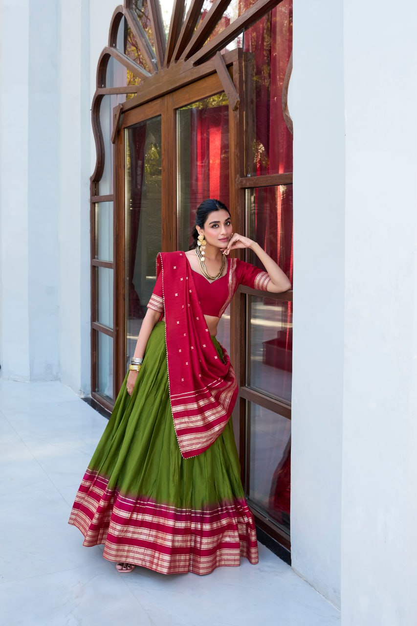 Designer Pure Chanderi Mehndi Green Bridal Lehenga Choli with Zari Weaving Work & Dupatta