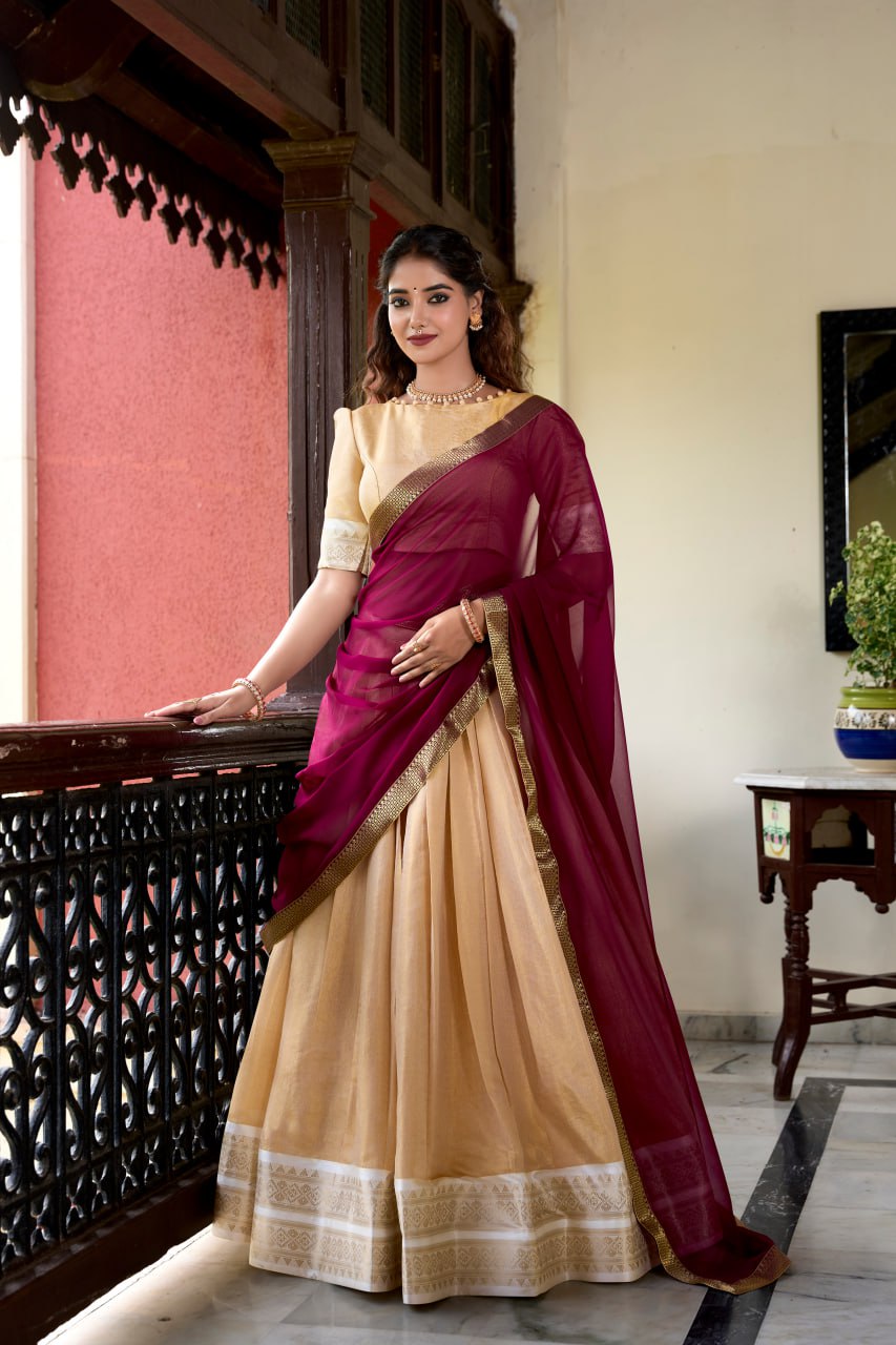 Cream Heritage Kanchipuram Silk Lehenga Choli with Zari Weaving & Dupatta