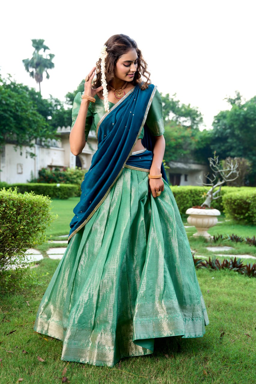 Sea Green Kanchipuram Lehenga Choli with Zari Weaving Work & Vichitra Silk Embroidered Dupatta