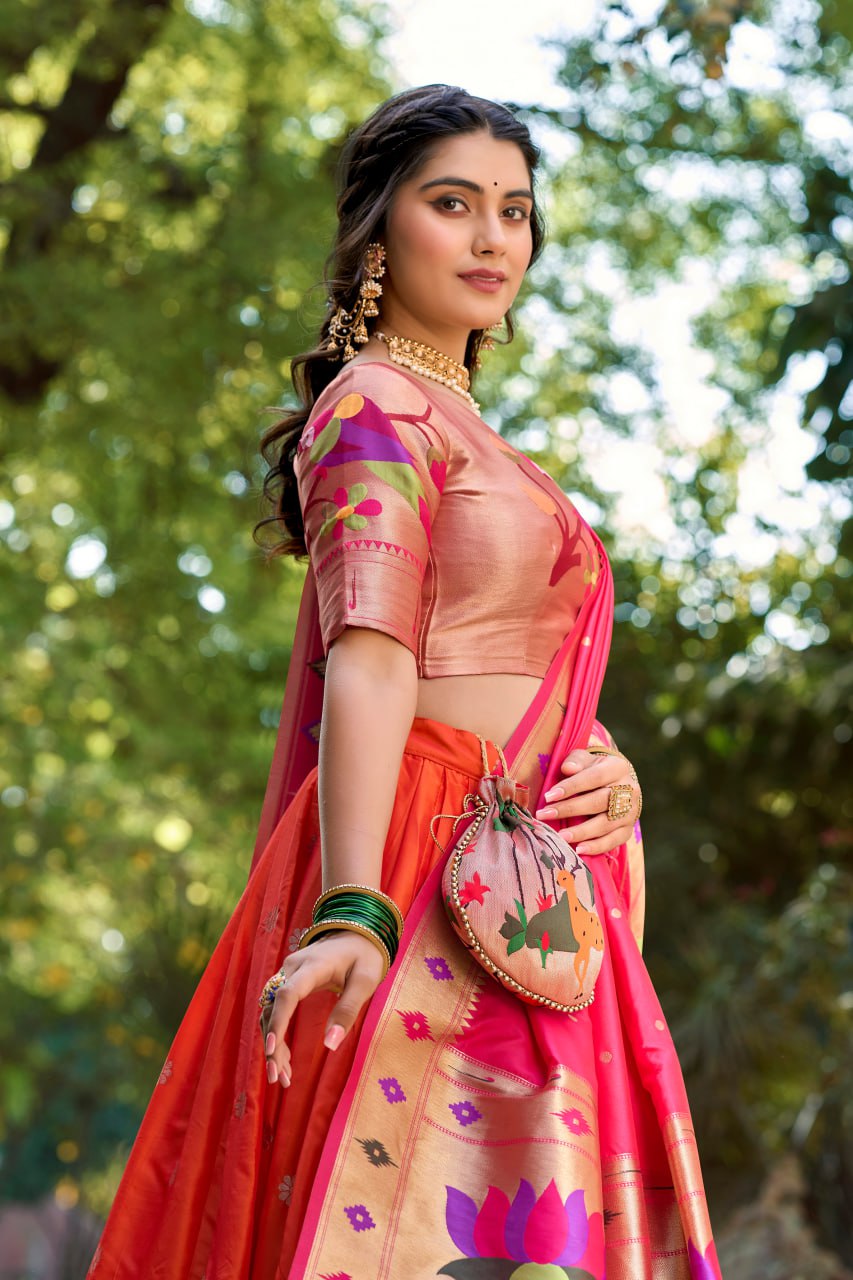 Orange Heritage Paithani Lehenga Choli with Zari Weaving Work