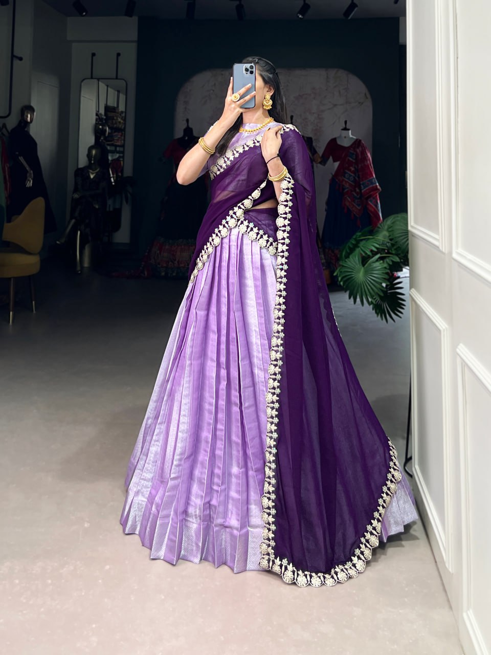 Festive Lavender Lehenga Choli with Weaving Work & Georgette Embroidered Dupatta