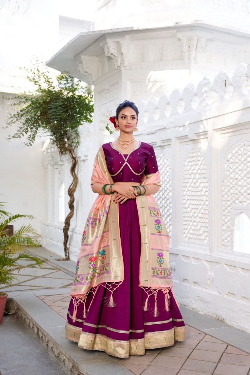 Wine Designer Paithani Wedding Lehenga Choli in Vichitra Silk with Jacquard Silk Dupatta