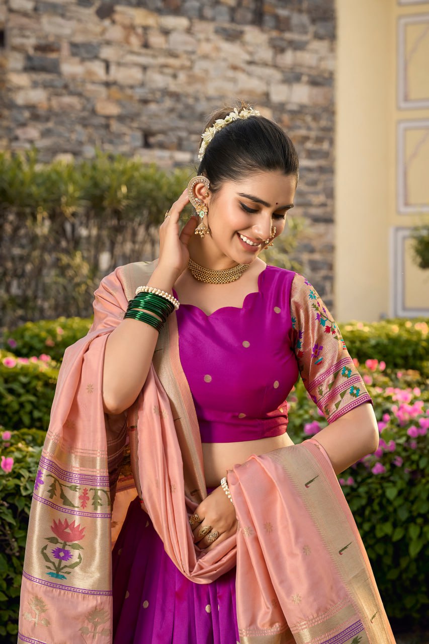 Purple Paithani Lehenga Choli with Zari Weaving Work, Dupatta & Batwa