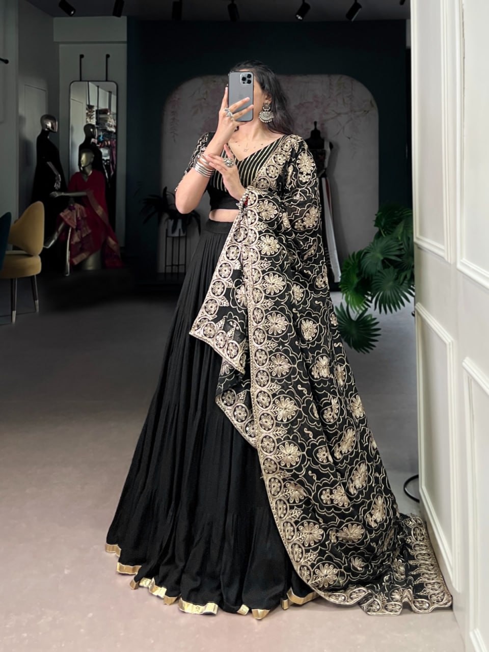 Black Rayon Chaniya Choli for Navratri with Golden Embroidery