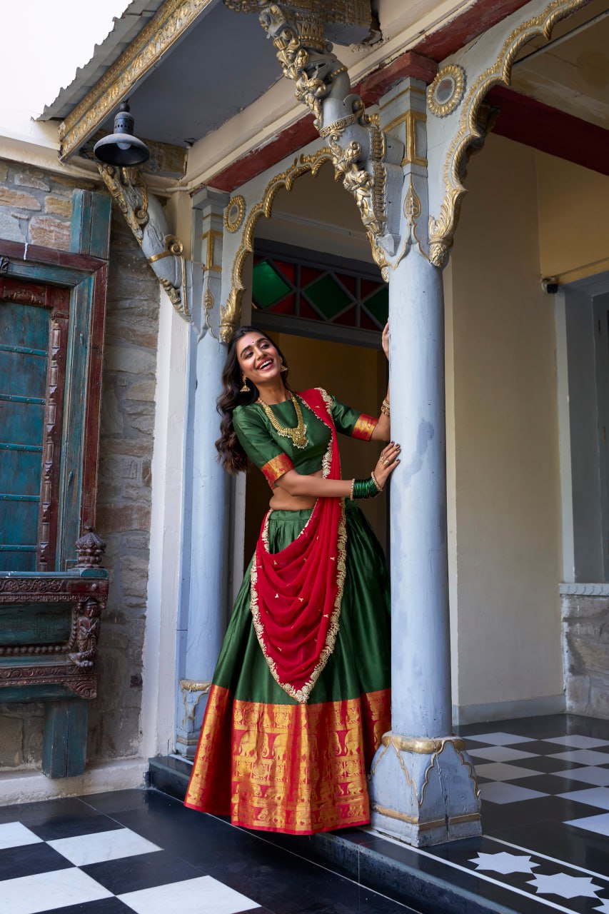 Designer Dark Green Lehenga Choli with Zari Weaving & Dupatta