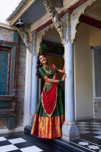 Designer Dark Green Lehenga Choli with Zari Weaving & Dupatta