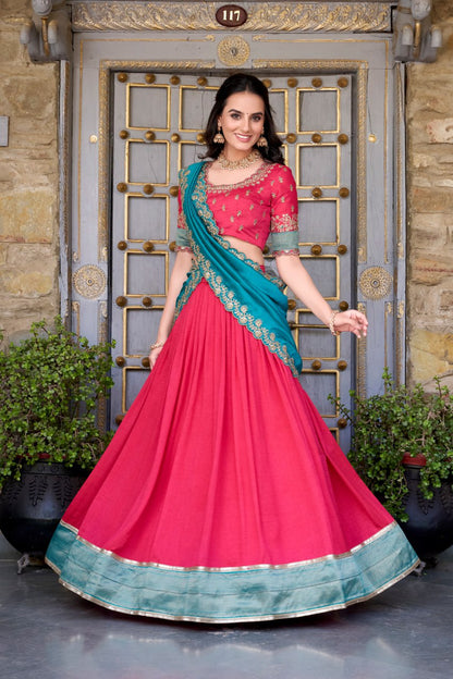 Rose Pink Party Wear Lehenga Choli with Zari Weaving & Dupatta