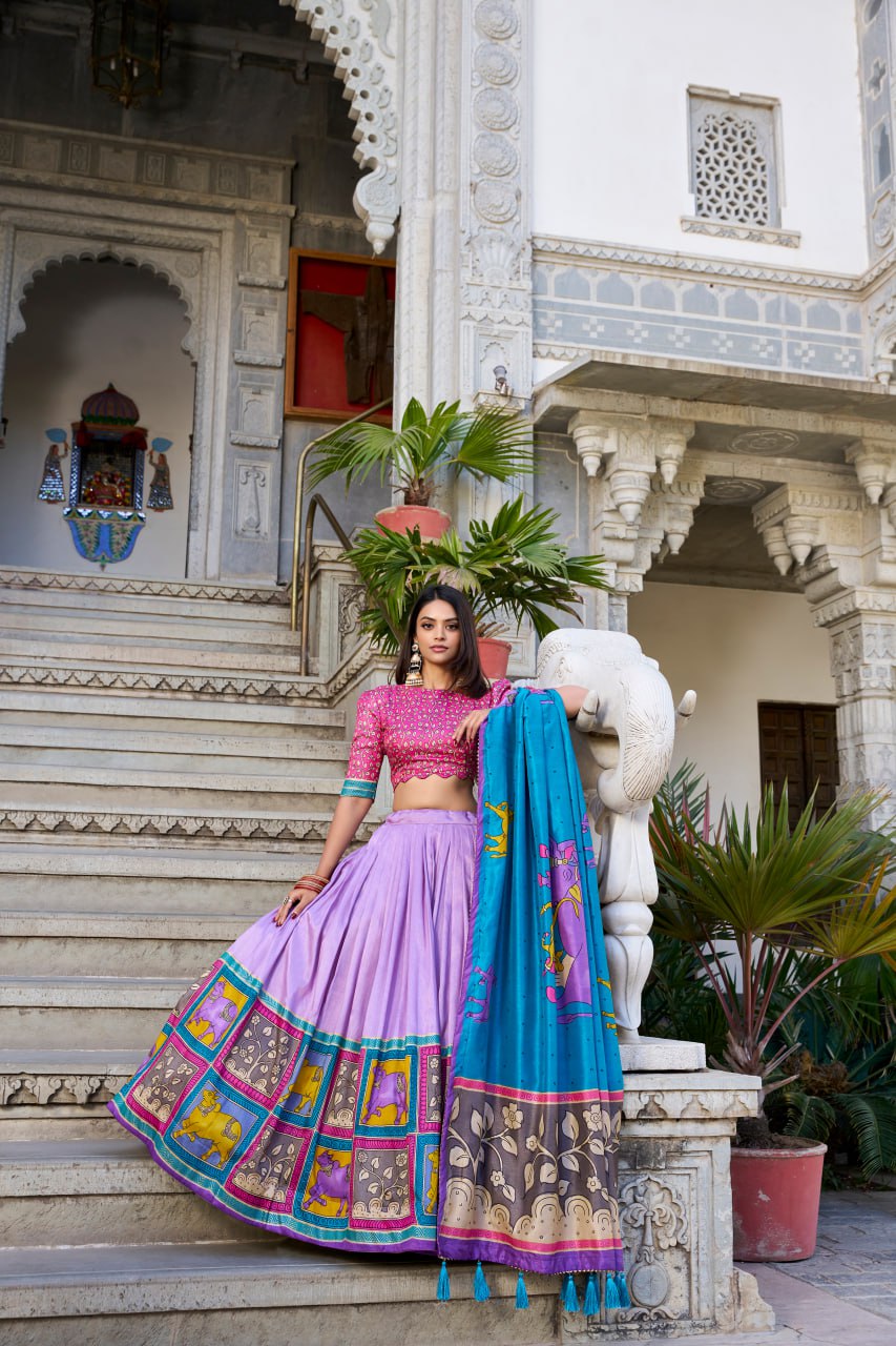 Turquoise Blue & Purple Kalamkari Lehenga Choli with Foil Work & Gota Patti Dupatta