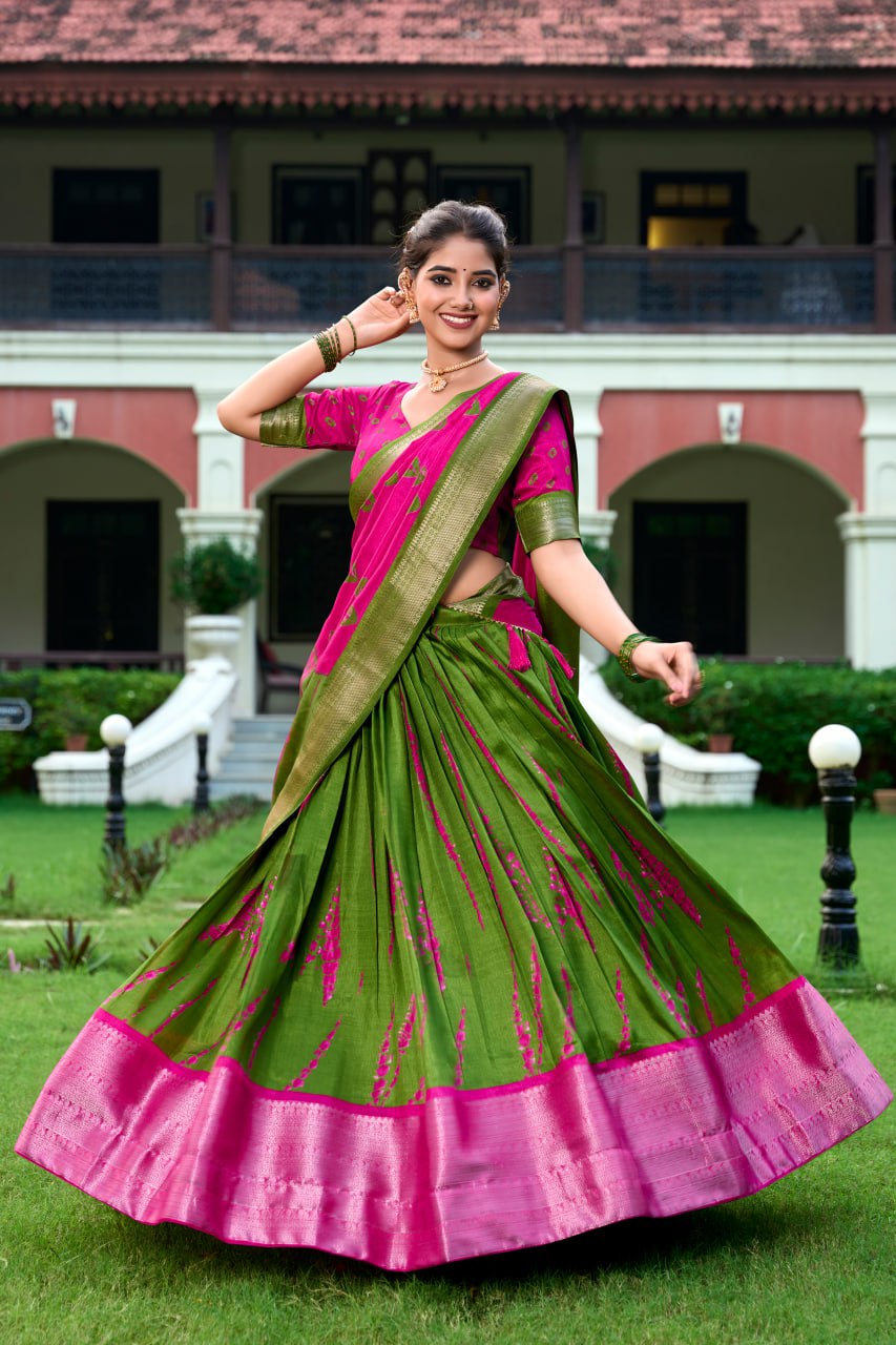 Pink Shibori Print Lehenga Choli with Zari Weaving Border & Tassel Dupatta