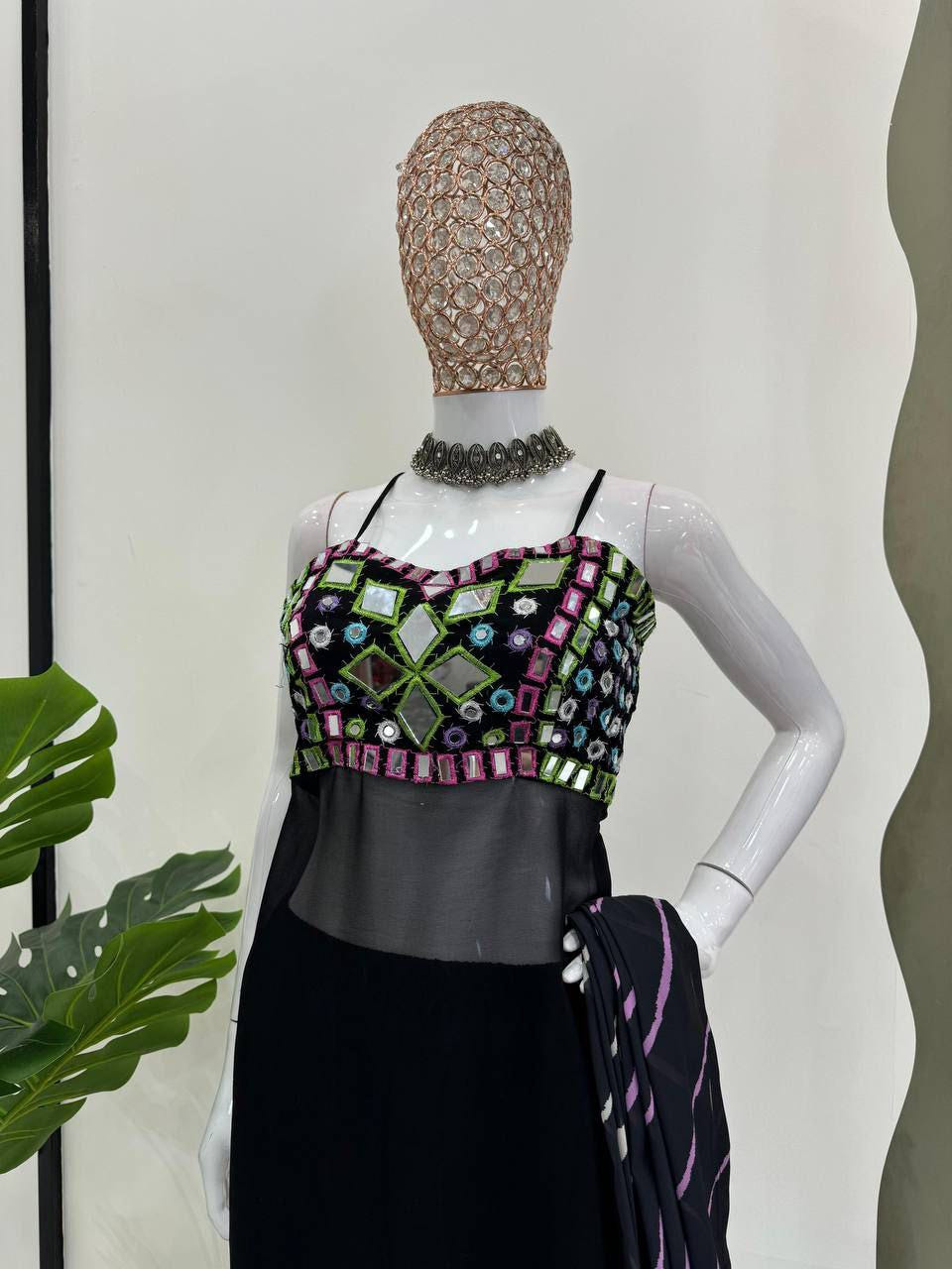 Faux Georgette Mirror Work Top Set with Printed Dupatta