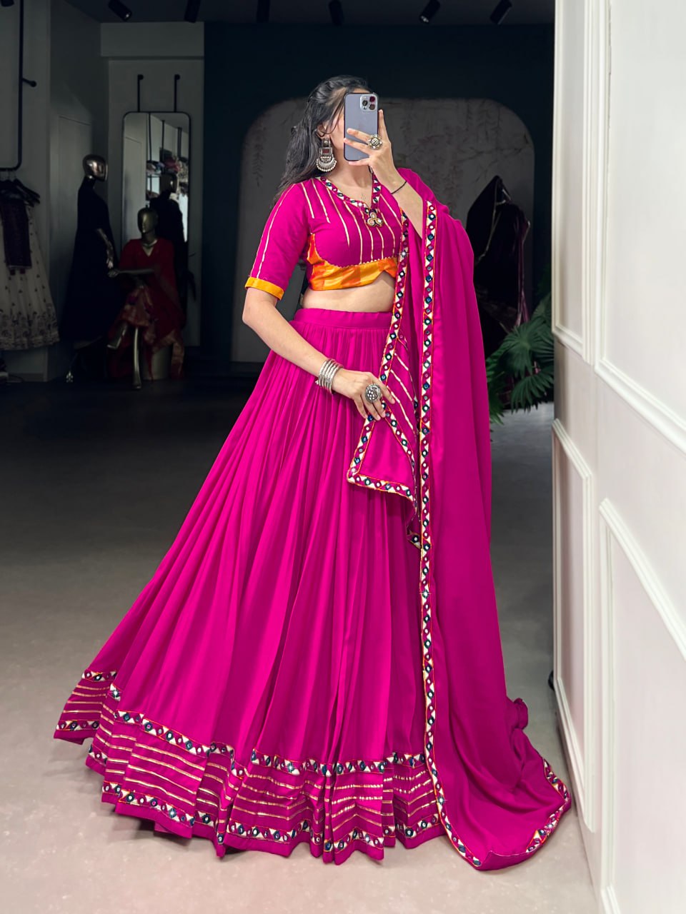 Pink Rayon Original Mirror Work Gamthi Lehenga Choli