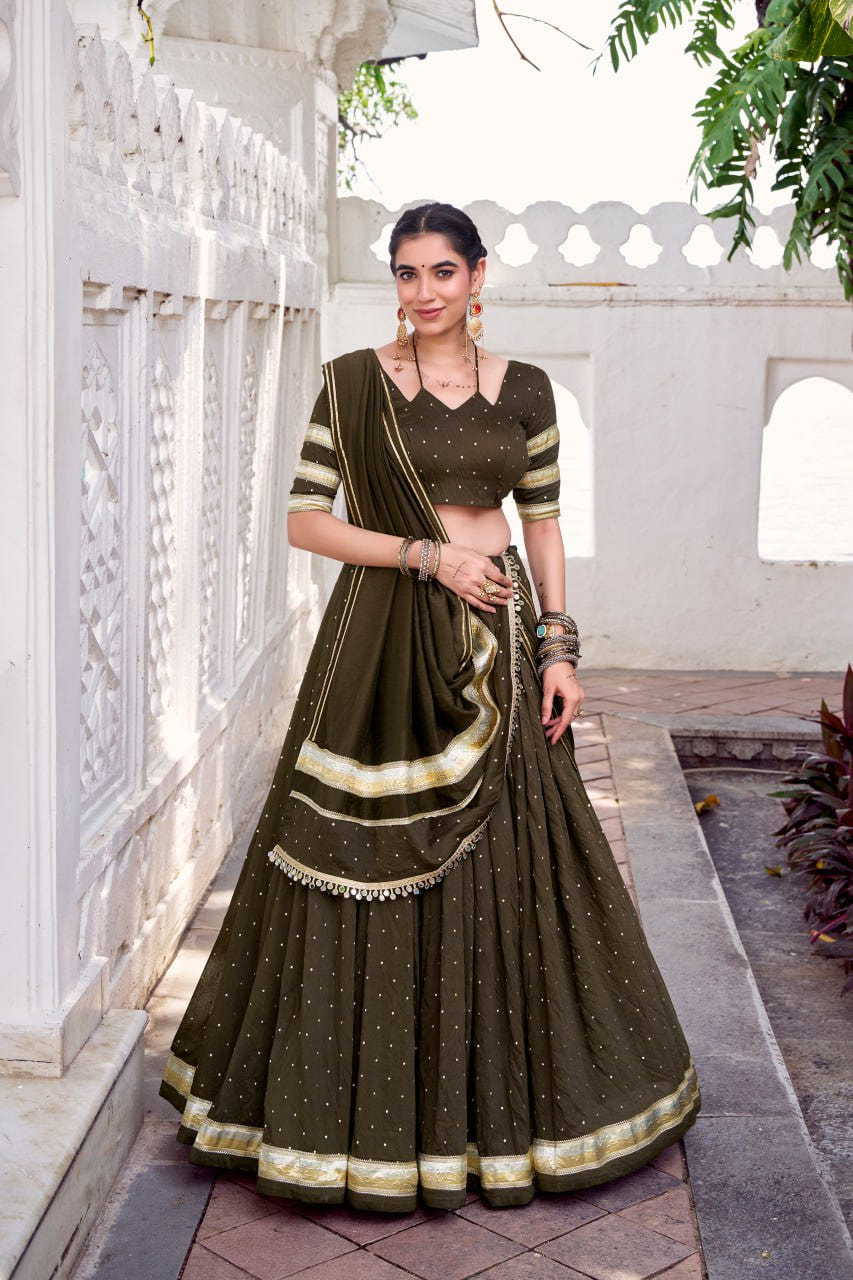 Olive Green  Pure Chanderi Silk Lehenga Choli With Zari Weaving & Lace Touch Up
