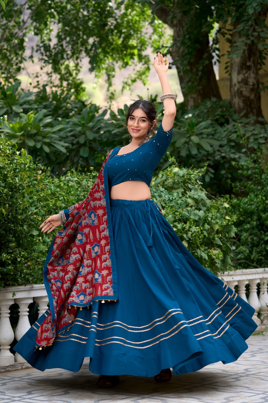 Blue Pure Cotton Kutchi Hand Work Chaniya Choli with Printed Dupatta for Navratri