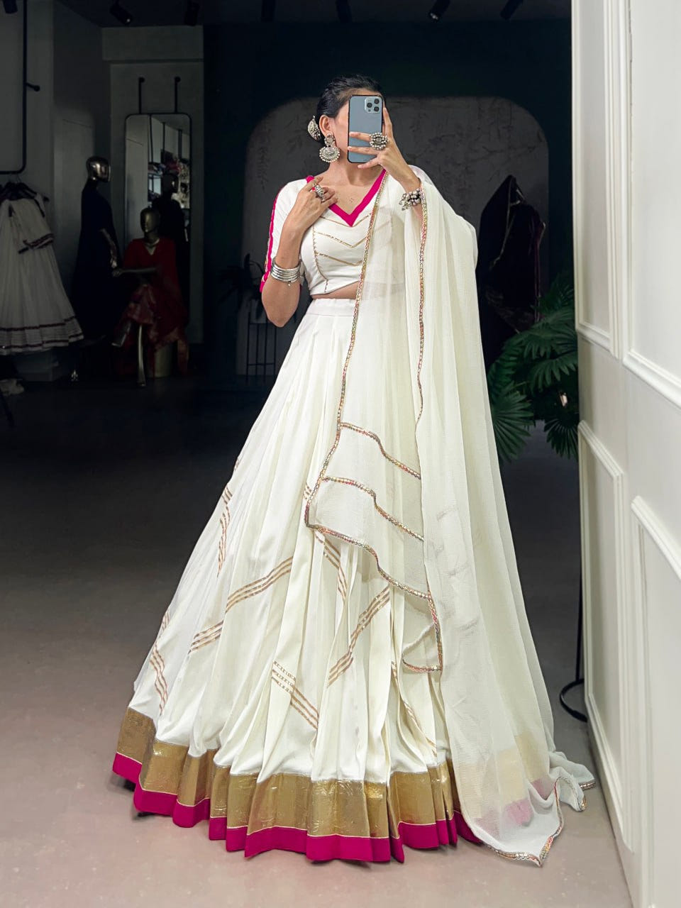 White Rayon Navratri Lehenga Choli with Mirror & Gota Patti Work