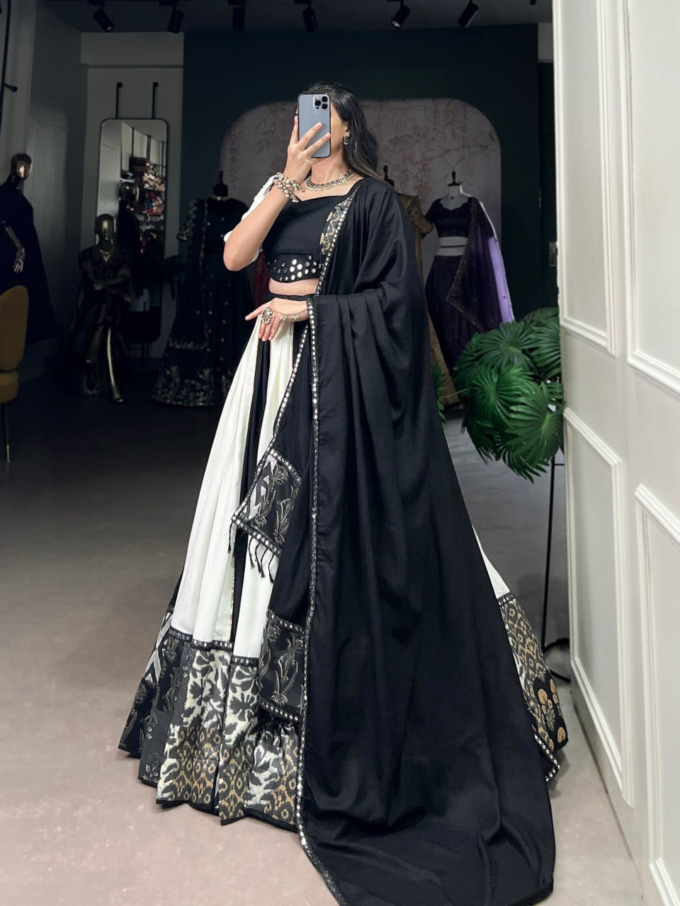 Black Rayon Printed Lehenga Choli with Mirror Work & Gota Patti