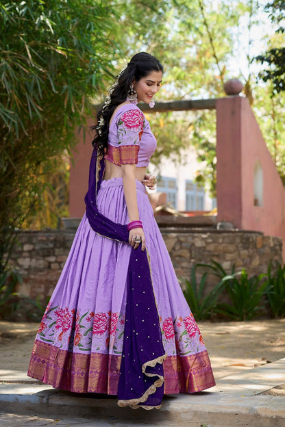 Lavender Cotton Silk Lehenga Choli Thread Embroidery with Drape Georgette Dupatta